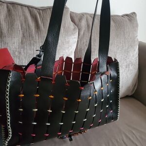 Sabrina Scala  Black Leather Tote with Colorful Accents Shoulder Bag